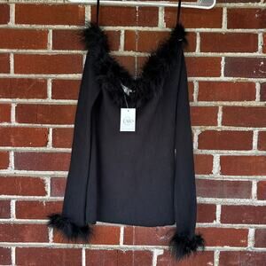 Cato Black Feather Trim Long Sleeve Top Ribbed Y2K Going Out Medium